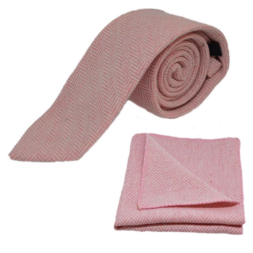 Candy Pink & Cream Herringbone Tie & Pocket Square Set