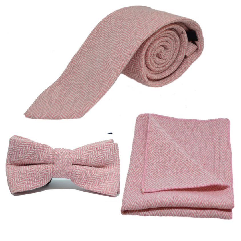 Candy Pink & Cream Herringbone Tie, Bow Tie & Pocket Square Set