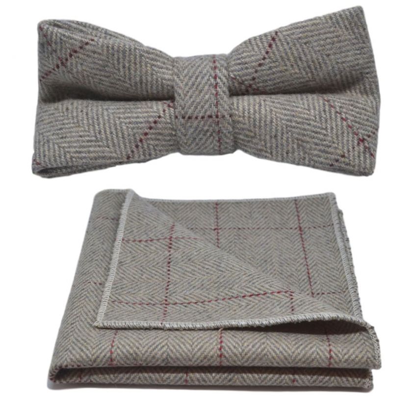 Light Grey Herringbone Bow Tie & Pocket Square Set
