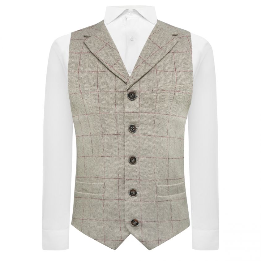 Luxury Herringbone Light Grey Tweed Waistcoat with Lapel