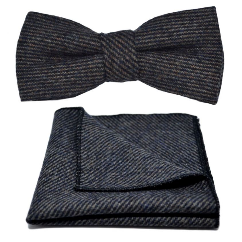 Prussian Blue & Grey Sharkskin Bow Tie & Pocket Square Set