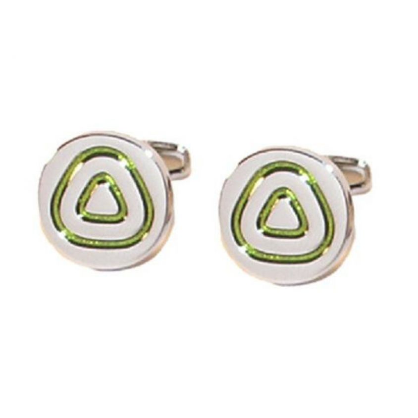 Round Silver Cufflinks with Green Triangle Design
