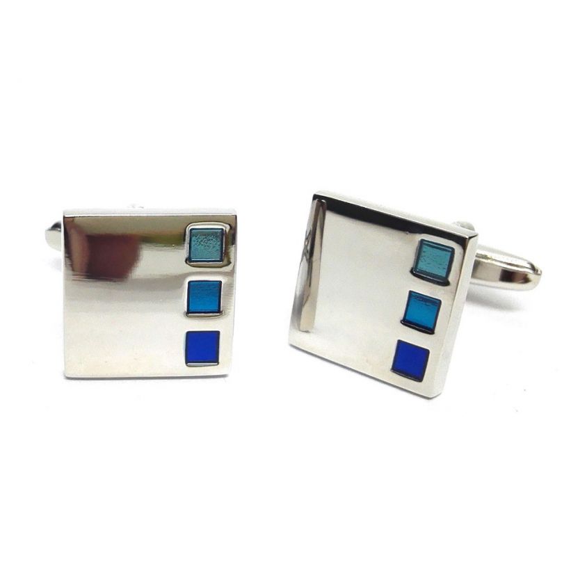 Square Silver Cufflinks with 3 Blue Squares