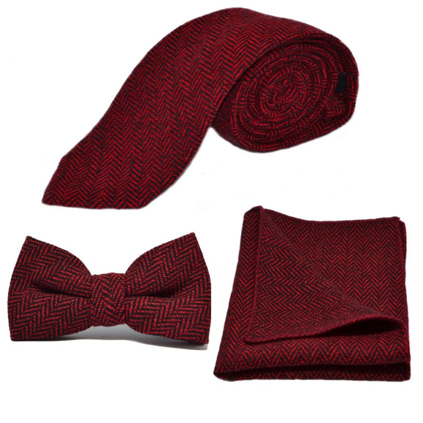 Cranberry Red & Black Herringbone Tie, Bow Tie & Pocket Square Set