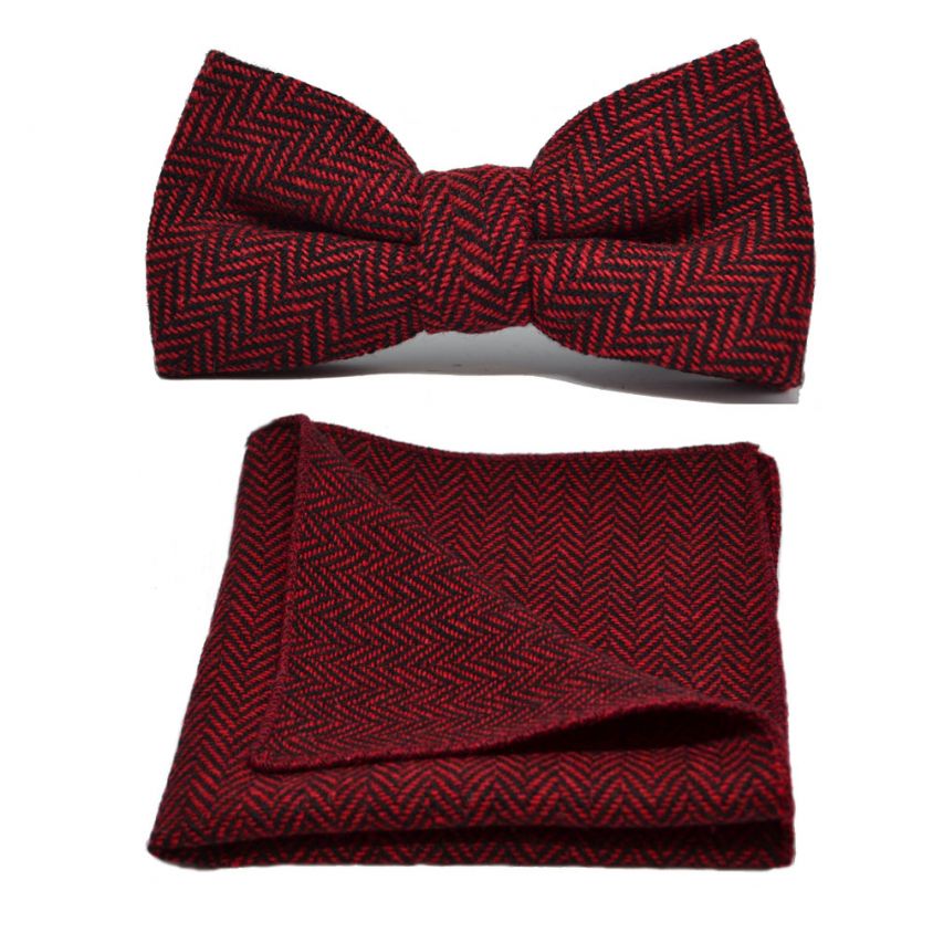 Cranberry Red & Black Herringbone Bow Tie & Pocket Square Set