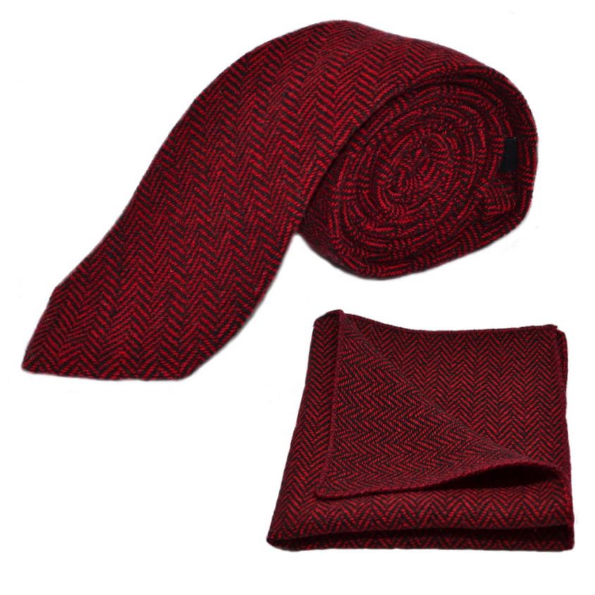 Cranberry Red & Black Herringbone Tie & Pocket Square Set