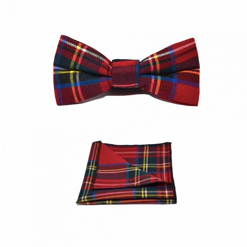 Traditional Red & Yellow Tartan Check Bow Tie & Pocket Square Set
