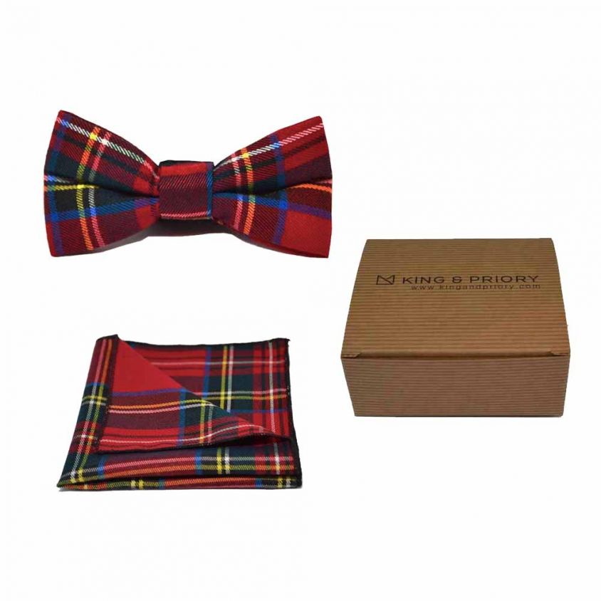 Traditional Red & Yellow Tartan Check Bow Tie & Pocket Square Set | Boxed
