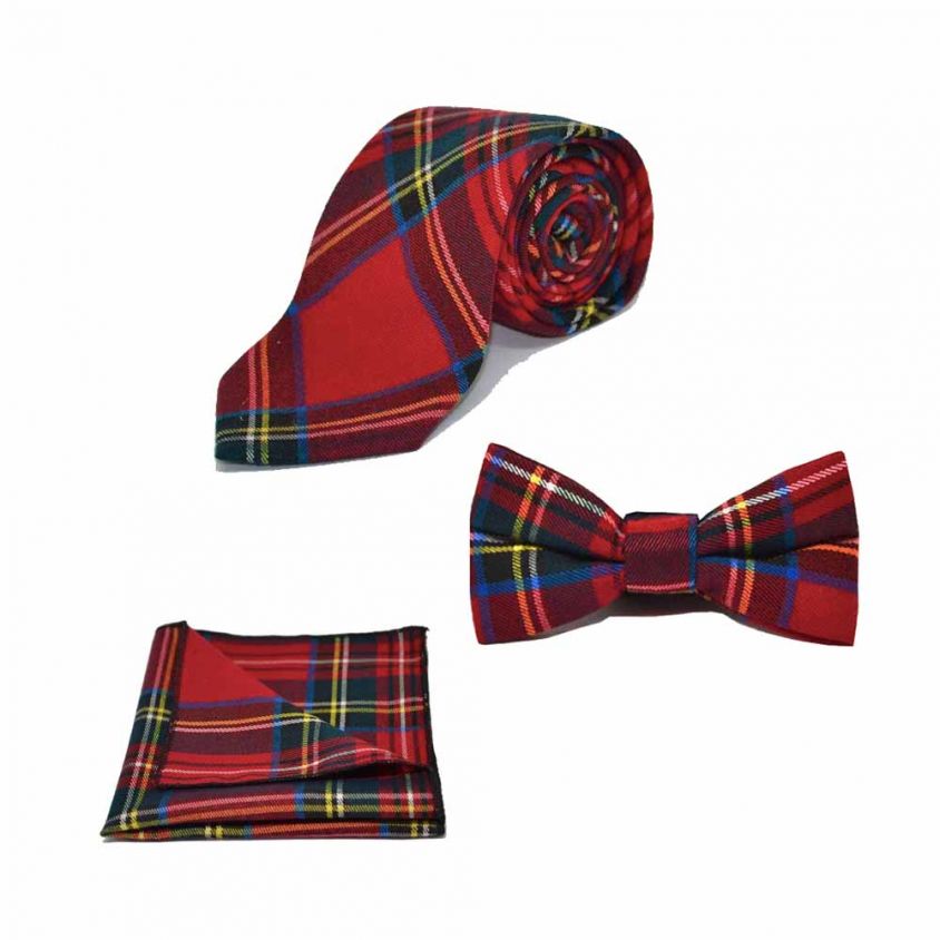 Traditional Red & Yellow Tartan Check Bow Tie, Tie & Pocket Square Set