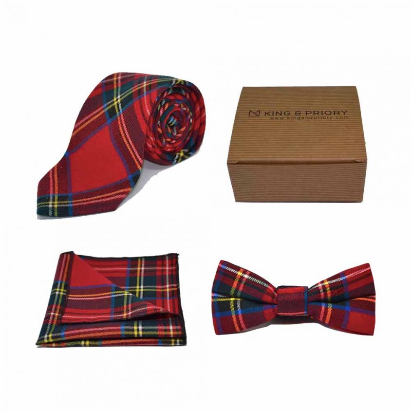 Traditional Red & Yellow Tartan Check Bow Tie, Tie & Pocket Square Set | Boxed