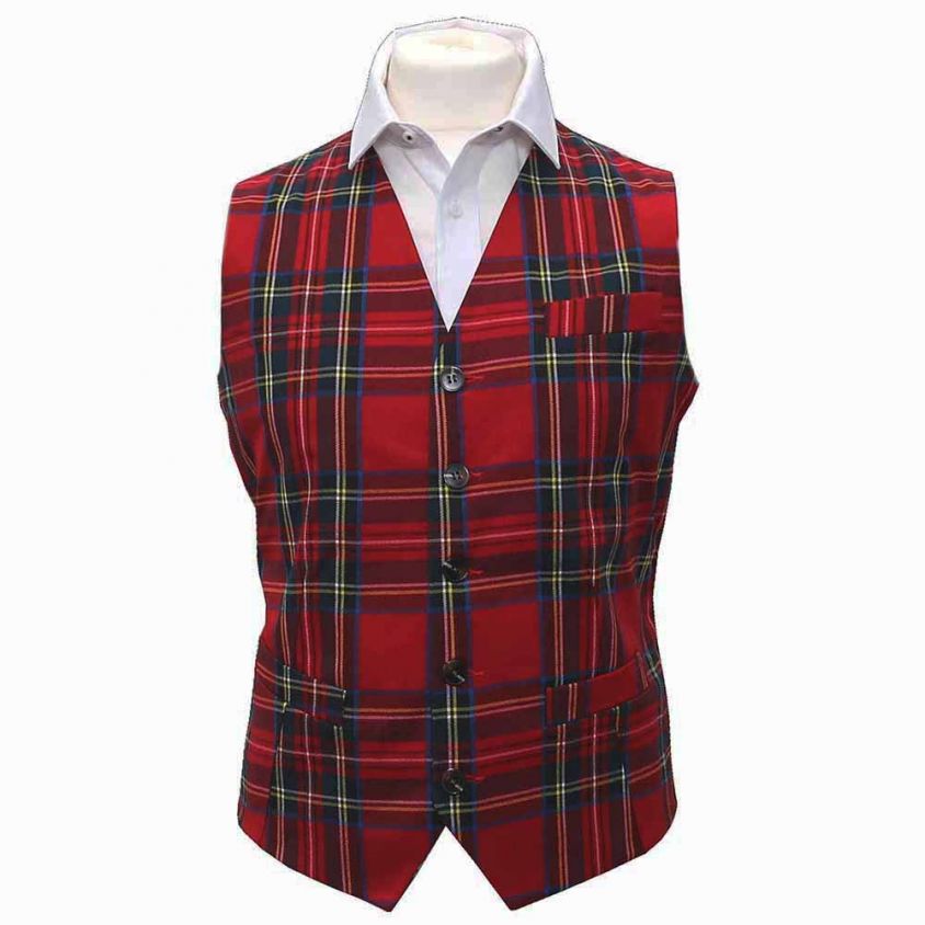 Traditional Red Tartan Check Waistcoat, Tie & Pocket Square Set