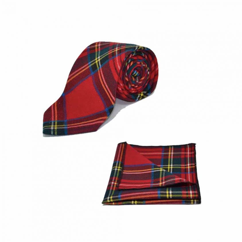 Traditional Red & Yellow Tartan Check Tie & Pocket Square Set