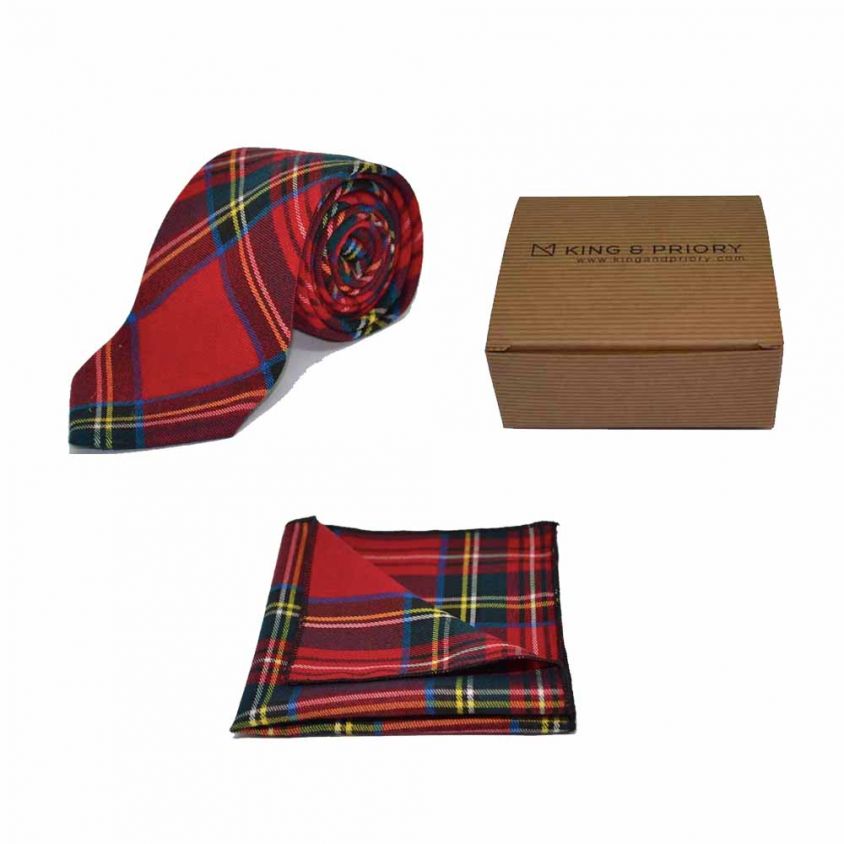 Traditional Red & Yellow Tartan Check Tie & Pocket Square Set | Boxed