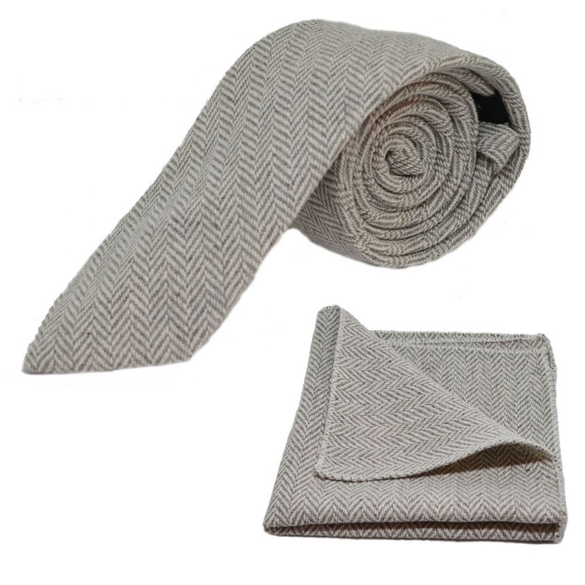 Silver Grey & Cream Herringbone Tie & Pocket Square Set