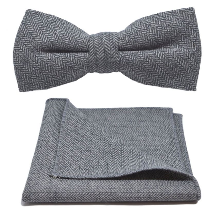Silver Grey Herringbone Bow Tie & Pocket Square Set
