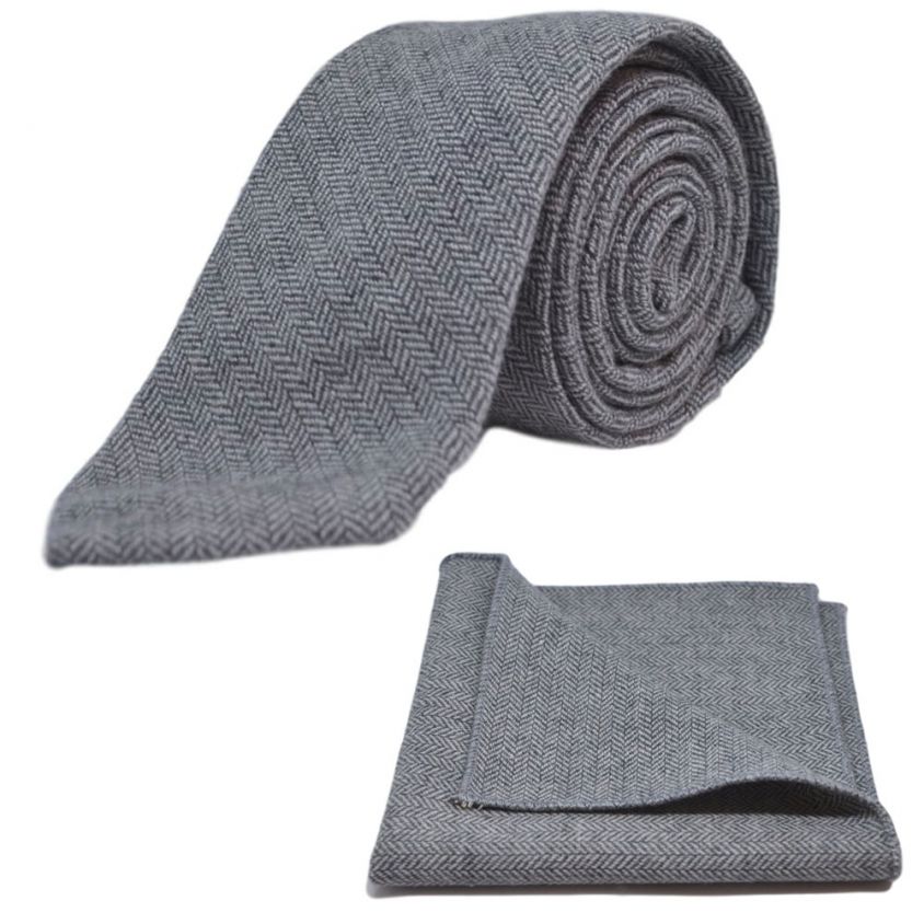 Silver Grey Herringbone Tie & Pocket Square Set