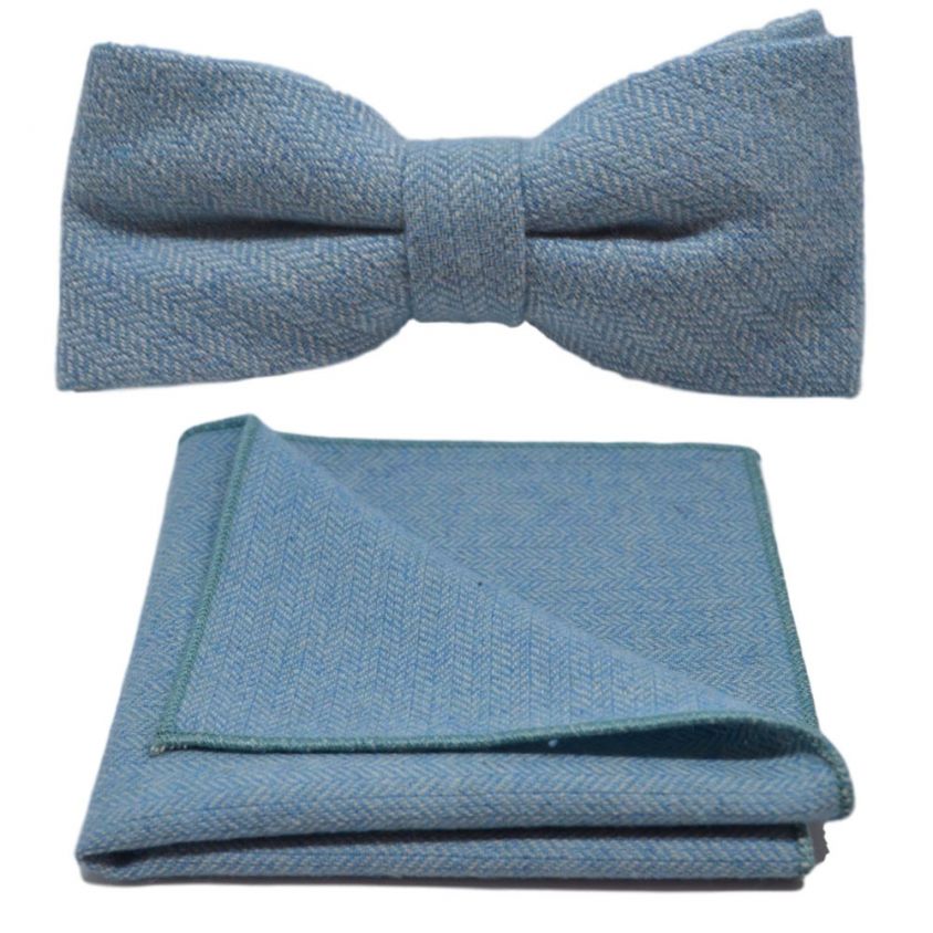 Sky Blue Herringbone Bow Tie & Pocket Square Set