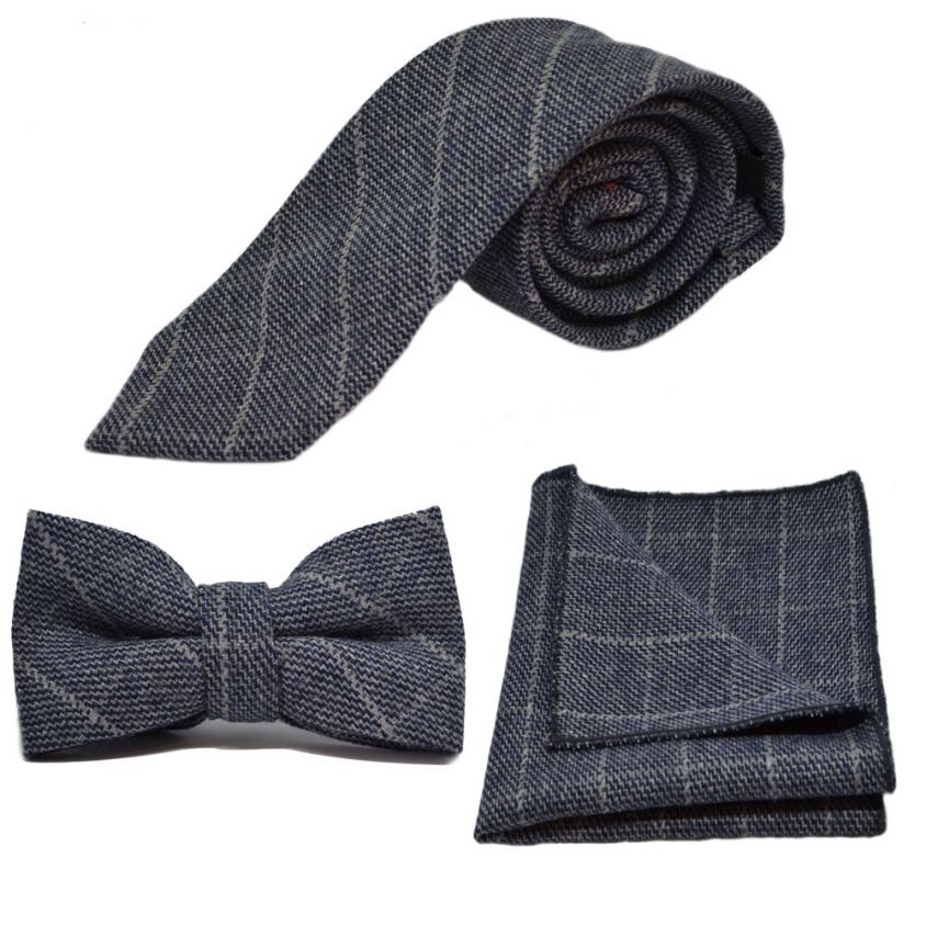 Stone Blue Birdseye Check Tie, Bow Tie & Pocket Square Set