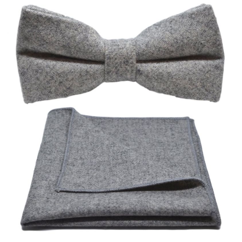 Stonewashed Medium Grey Bow Tie & Pocket Square Set