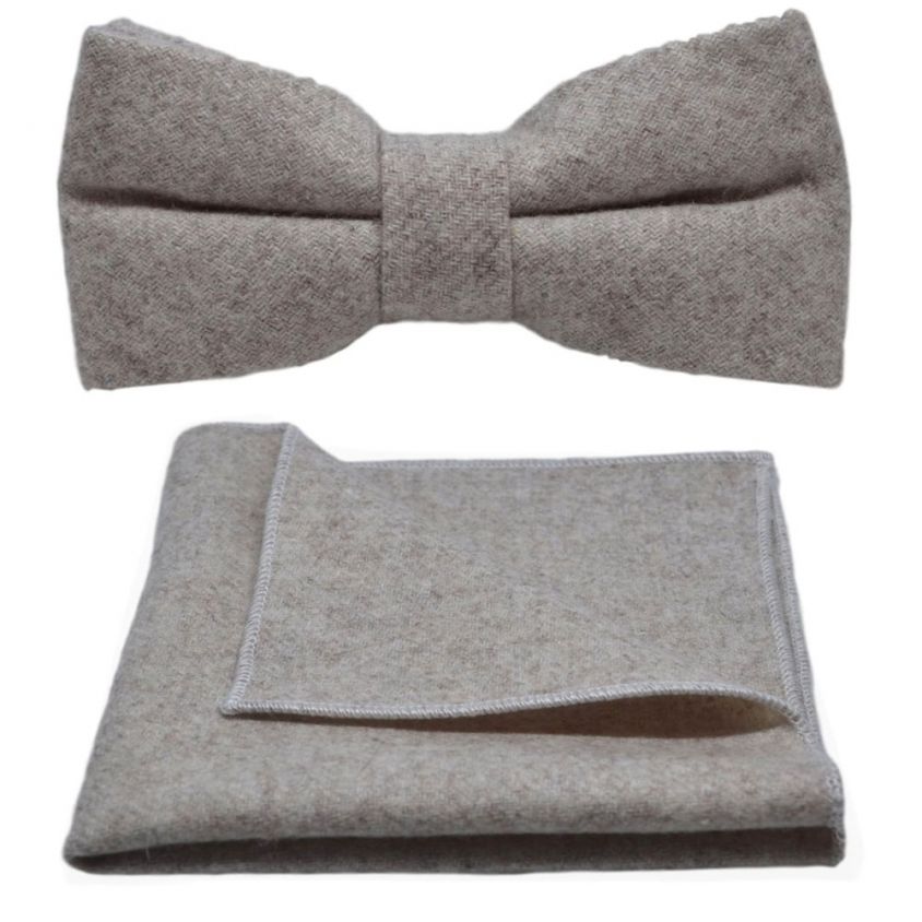 Stonewashed Oatmeal Bow Tie & Pocket Square Set