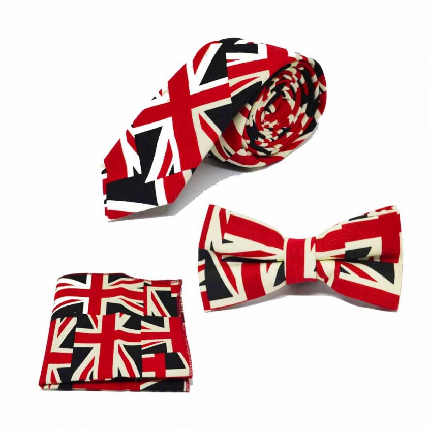 Union Jack Design Bow Tie, Tie & Pocket Square Set