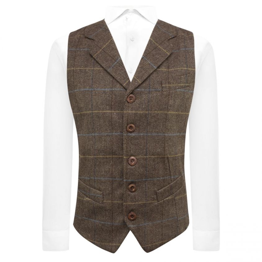 Walnut Brown Herringbone Check Waistcoat with Lapel