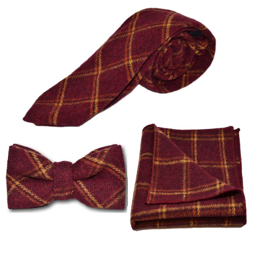 Heritage Warm Red Check Tie, Bow Tie & Pocket Square Set