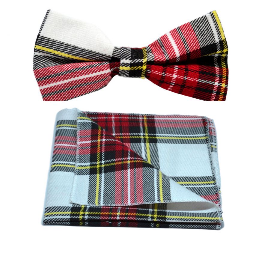 Traditional White & Red Tartan Bow Tie & Pocket Square Set