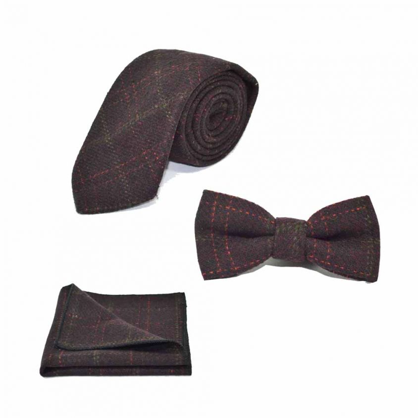 Heritage Check Wine Bow Tie, Tie & Pocket Square Set