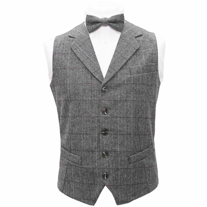 Luxury Herringbone Pewter Grey Waistcoat & Bow Tie Set 